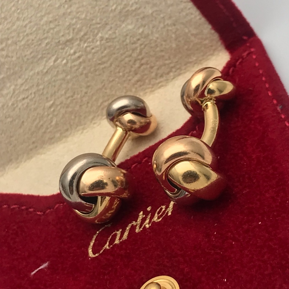 💯Authentic CARTIER 750/18k Tri-Color Gold Knot Cufflinks, W/Pouch